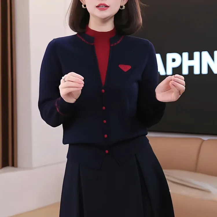 撞色拼接半高领长袖假两件针织衫女秋冬新款百搭毛衣气质显瘦上衣