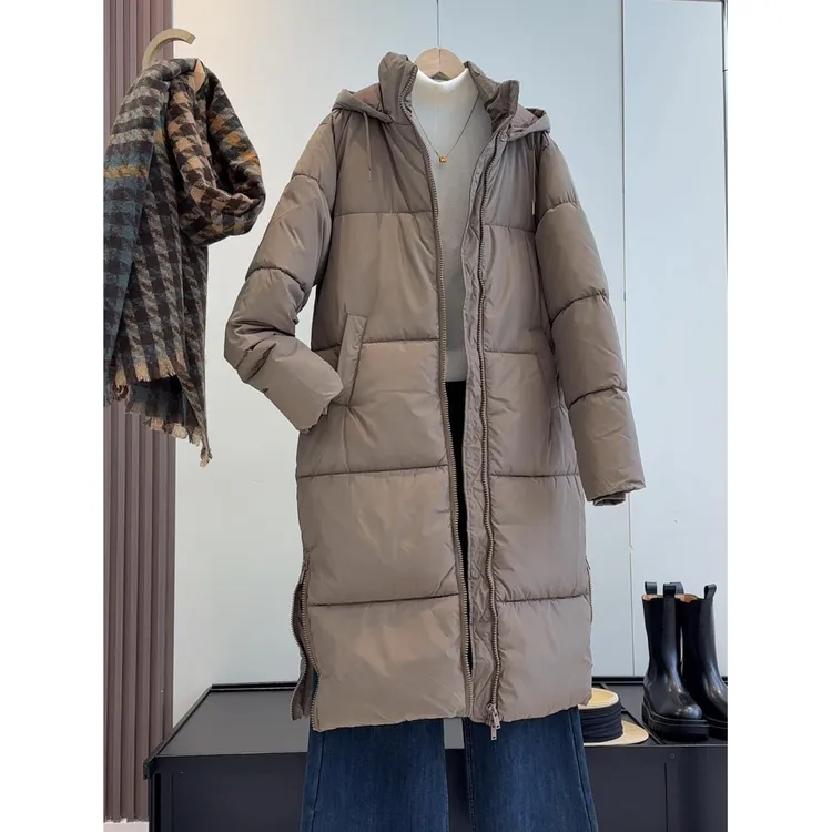 走荷兰！纯色连帽侧拉链舒适宽松长款保暖棉服外套女中长款保暖