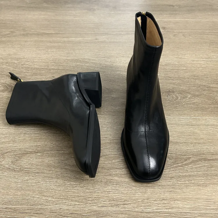 Dannfrey老钱风头层牛皮短靴女秋冬新款裸靴方头高跟切尔西靴