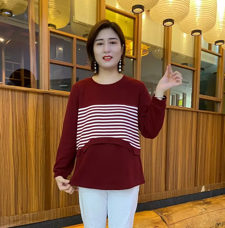 拼接长袖条纹T恤宽松常规圆领显瘦套头气质妈妈装上衣