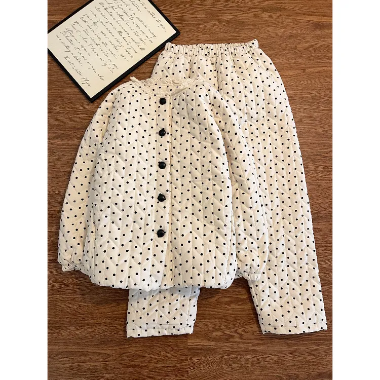 韩系温柔甜美可爱波点夹棉睡衣女秋冬季新款保暖休闲家居服套装