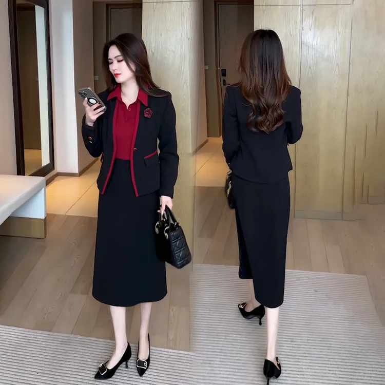 西装连衣裙套装女春秋新款洋气显瘦短款外套衬衫拼接半身裙两件套