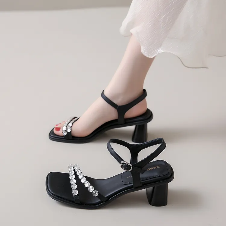 水钻凉鞋女一字带仙女鞋2025夏季新款露趾不累脚配裙子高跟鞋粗跟