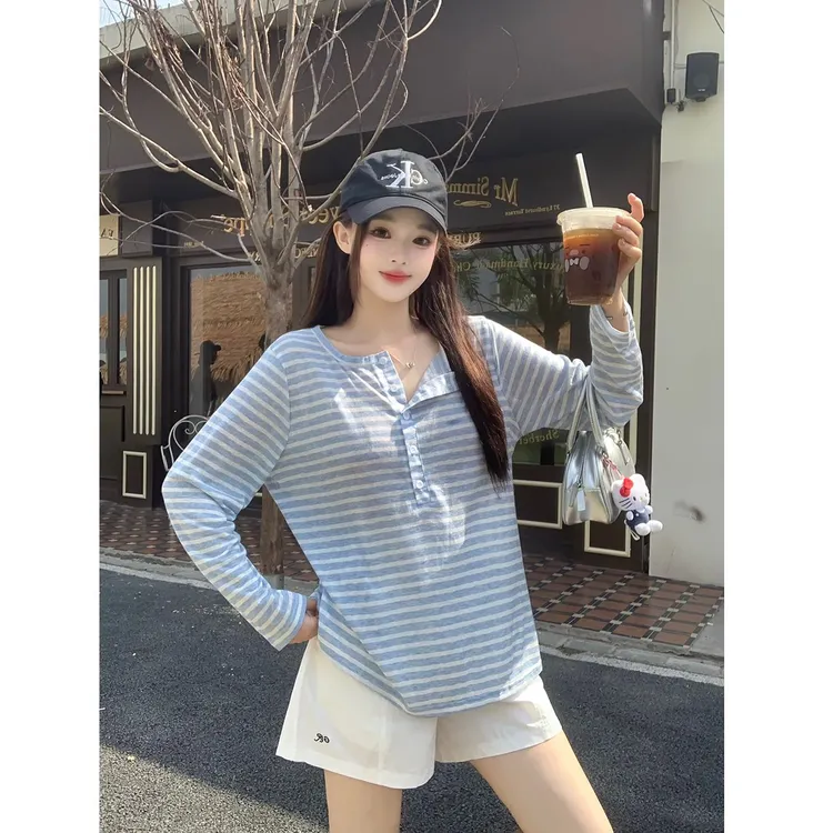 春秋薄款条纹防晒长袖条纹T恤纯欲懒惰风女装ins性感镂空针织小衫