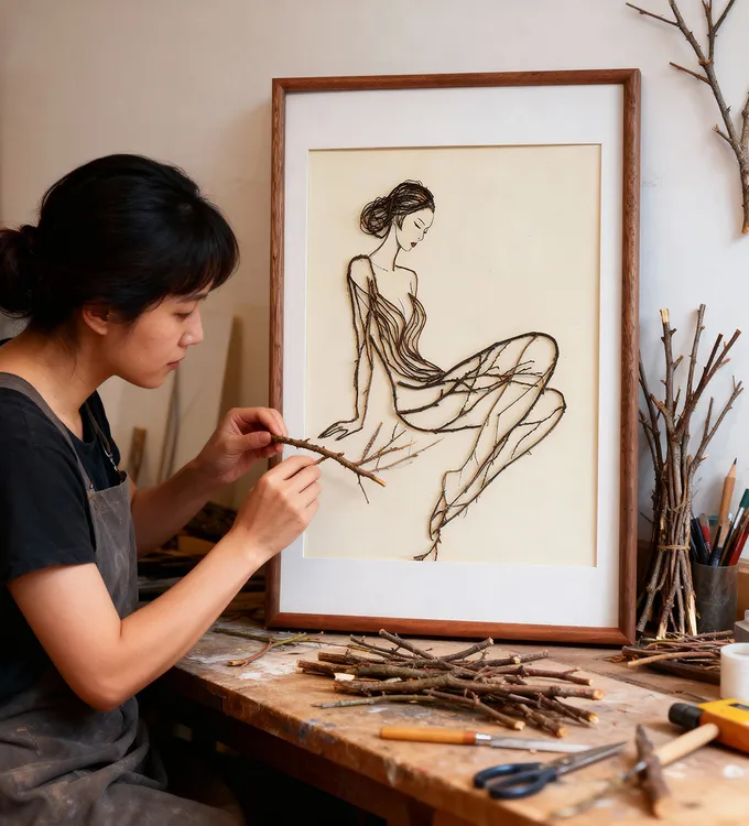 创意纯手工树枝拼装饰画树枝拼画售卖挂画