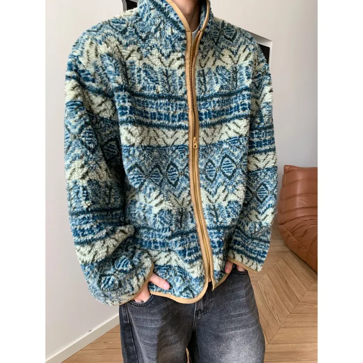 dannyandzee秋冬加厚保暖复古绿松石提花颗粒绒立领夹克外套836