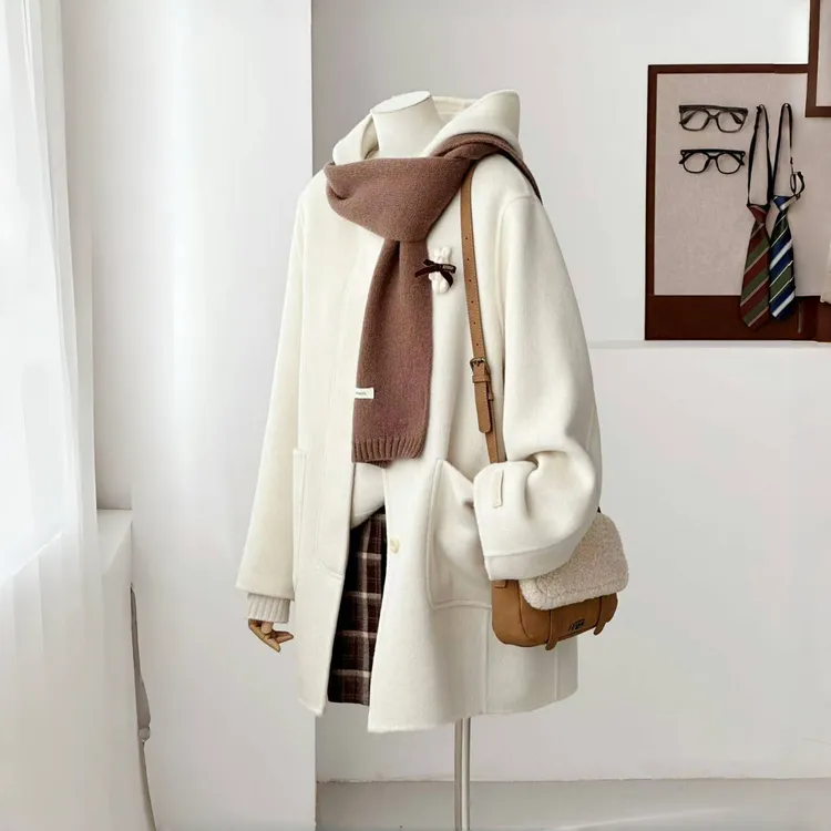 学院风连帽双面呢羊毛大衣女中长款宽松显瘦小个子米白色毛呢外套