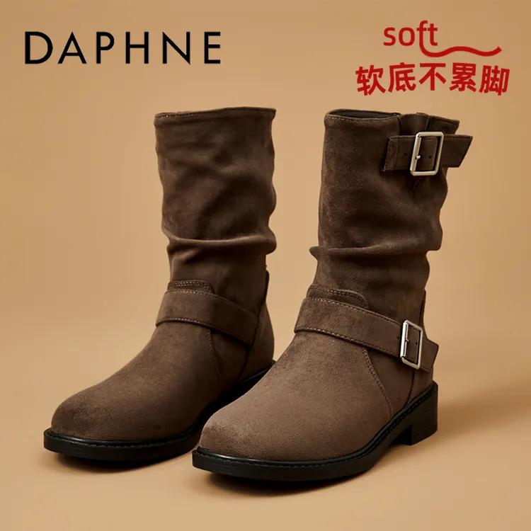 达芙妮琥珀流光褶皱堆堆靴女秋季新款款高级感法式洋气粗跟时装靴