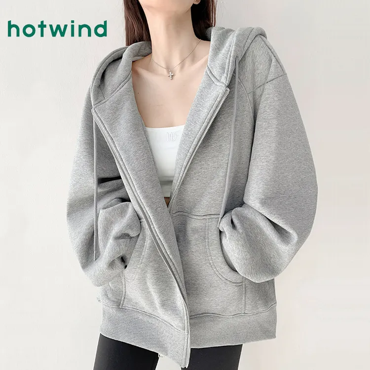 Hotwind/热风灰色开衫卫衣女春季美式休闲外套女款潮流重磅连帽衫
