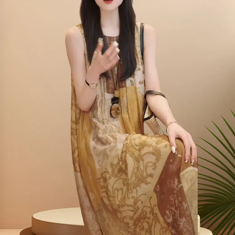 气质名媛风印花无袖连衣裙女2025夏季新款复古显瘦收腰背心长裙子
