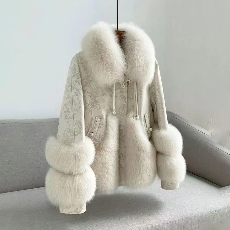 新款拼接国风外套冬季时尚韩版加厚棉衣棉服狐狸毛皮一体女装大衣