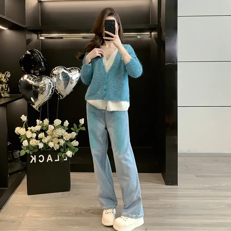 秋季套装女款爆款2025新款假两件撞色洋气针织毛衣外套阔腿牛仔裤