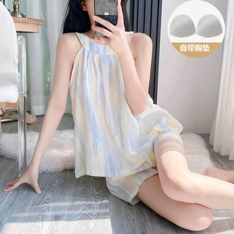 【渐变条纹】带胸垫夏季ins风无袖学生两件套宽松薄款吊带家居服