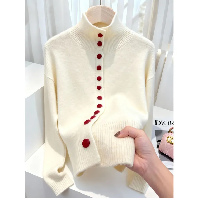 2025秋冬季新款洋气时髦设计感单排扣长袖毛衣针织衫显瘦时尚上衣