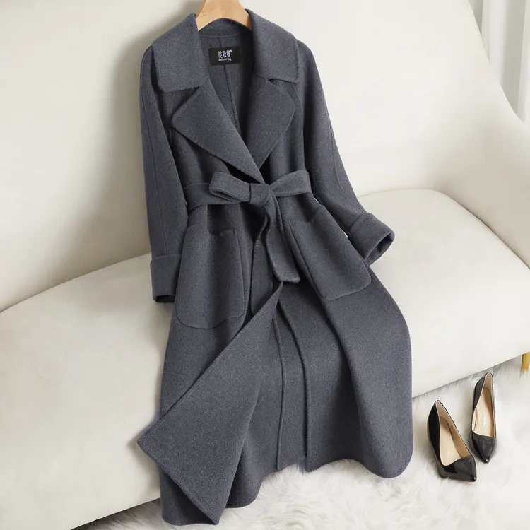 灰色高端双面羊绒大衣女中长款时尚气质赫本风羊毛呢外套2025新款