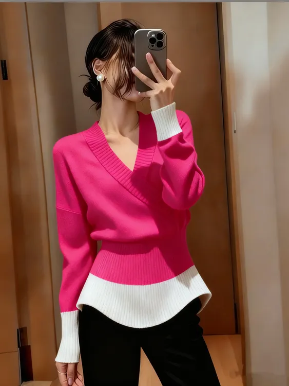 设计感轻熟风撞色V领长袖针织衫女冬季新款气质收腰显瘦套头上衣
