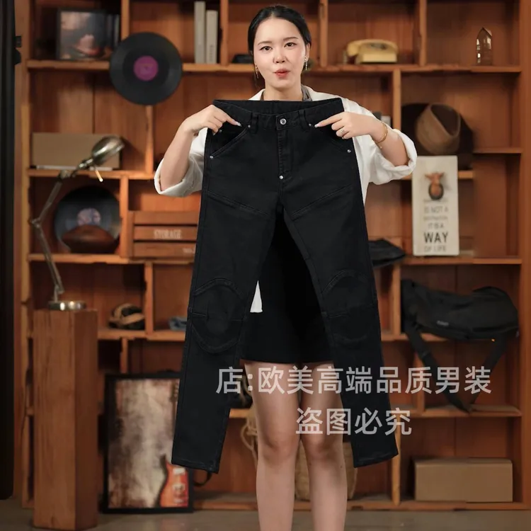 美式轻奢拼接机车风黑色高端男士牛仔裤修身弹力高街潮牌休闲百搭