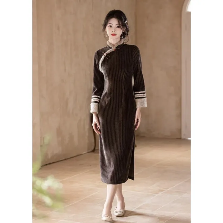 两色冬款爆款双SCXZ旗袍5350（咖色）加厚加绒雪尼尔绒s到3xl  衣长