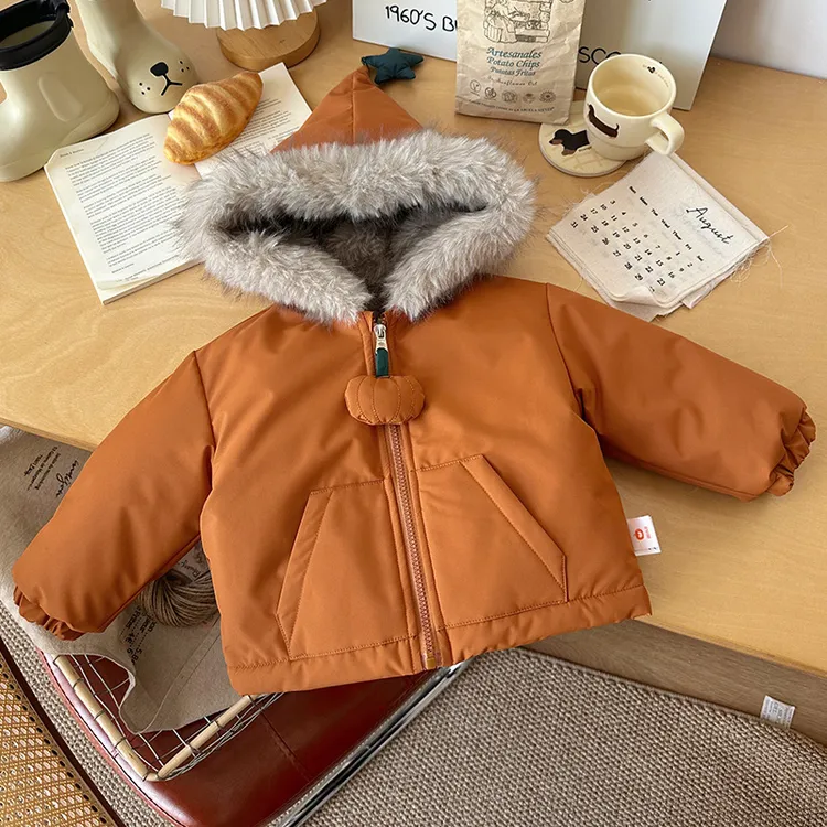 儿童加绒棉衣2025冬季连帽毛领卡通加绒加厚男童女童棉衣现货