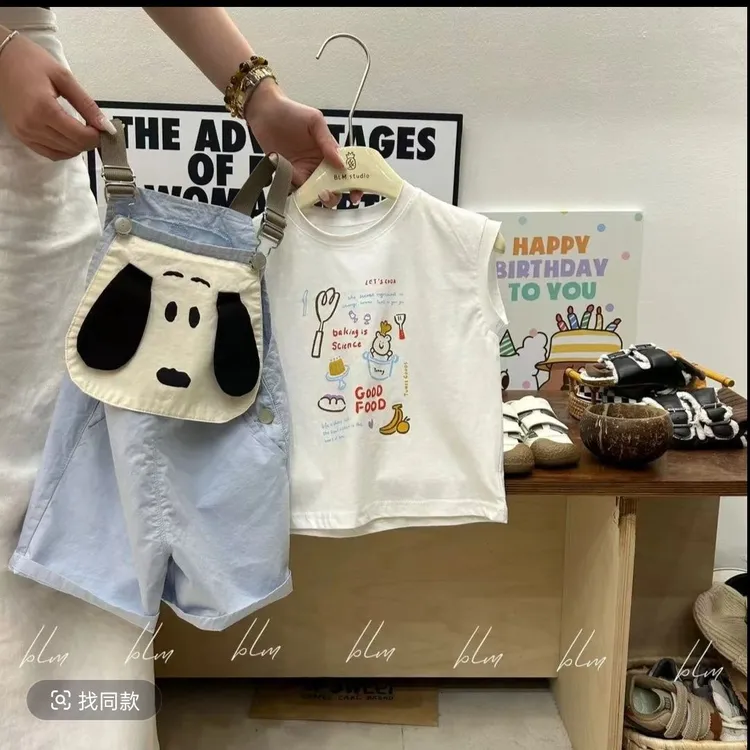 戴维贝拉韩版潮童2025夏新款男女童卡通宽松小狗背带裤套装无袖打