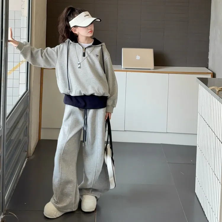 女童春秋连帽休闲假两件套装2025新款中大童时髦时尚少女风两件套