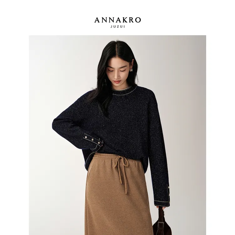 玖姿安娜蔻KWFD31060优雅风羊毛落肩宽松针织衫女2025冬季新款