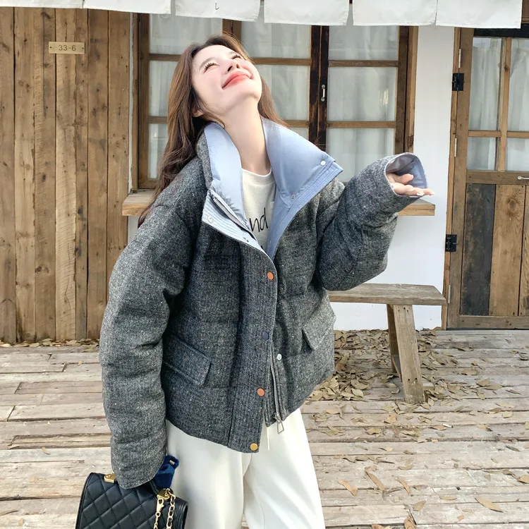 灰色立领短款彩色扣羽绒服女2025冬季新款设计感小个子白鸭绒外套