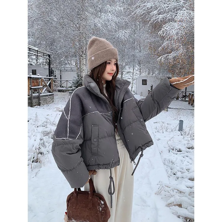咖色拼接短款面包羽绒服2024新款女冬韩系休闲小个子加厚保暖外套
