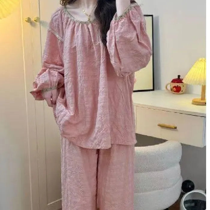 长裤国风圆领睡衣女家居服套装高级感云朵棉长袖套头秋季甜美新款