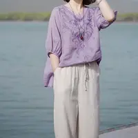 【清货+运费险】棉麻套装显瘦绣花短袖休闲阔腿裤两件套Y9337788