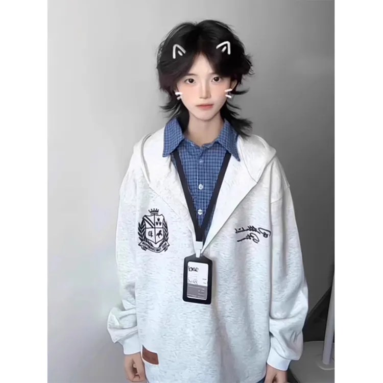 美式复古格子假两件衬衫拼接连帽卫衣男款秋季潮牌穿搭学院风外套