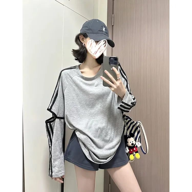痞帅炸街撞色侧条纹镂空长袖T恤女早秋夏季防晒罩衫宽松百搭上衣