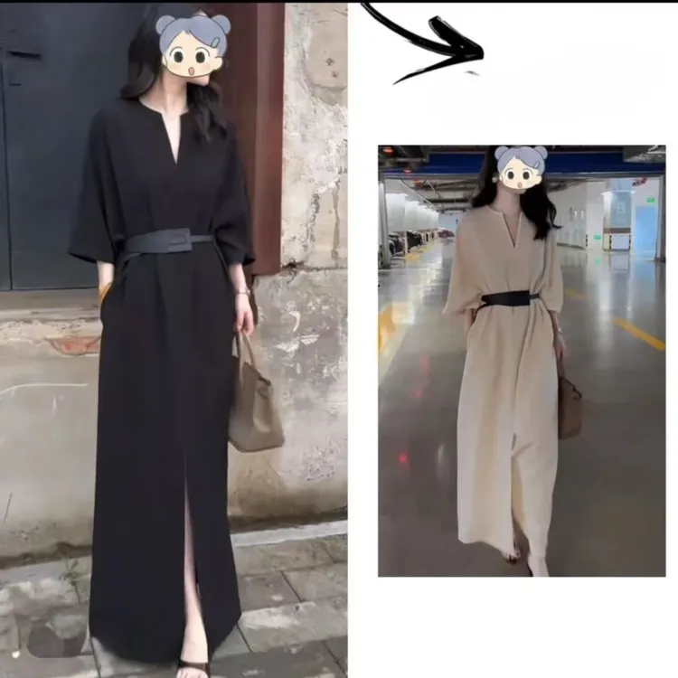 2025新款慵懒松弛感穿搭v领连衣裙子女早秋季气质高级感收腰长裙