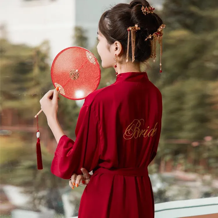 晨袍女新娘结婚婚礼姐妹服伴娘团高级感伴手礼长款睡袍红色睡衣夏