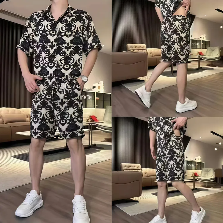 欧货男士夏季花衬衫时尚套装印花休闲百搭青年松紧腰五分裤男套装