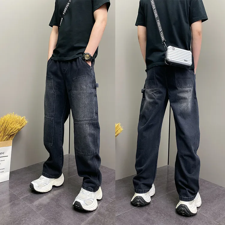 潮牌2025春秋新款拼接水洗直筒牛仔裤士宽松时尚百搭阔腿弯刀裤