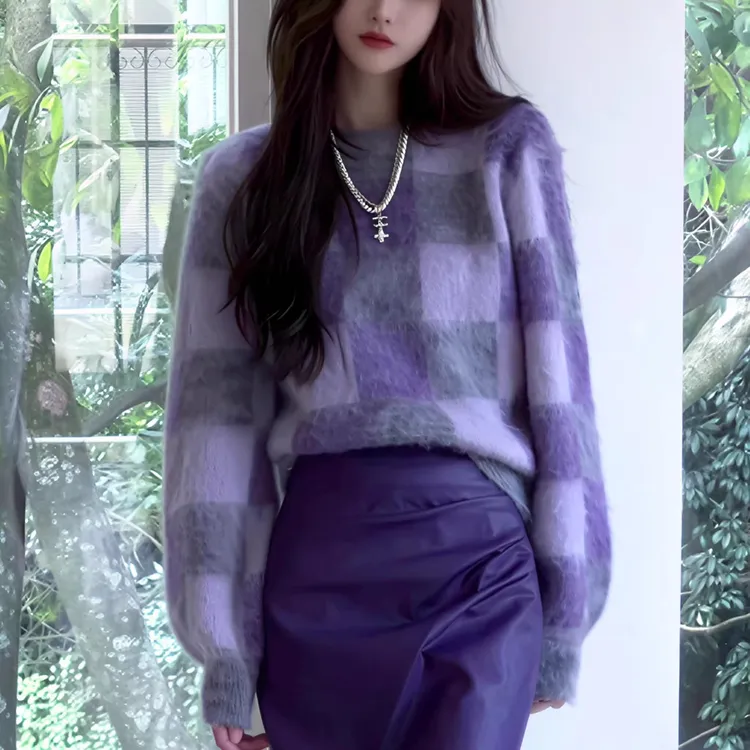 【现货】时尚气质圆领格子撞色高级感长袖针织衫女休闲百搭简约毛衣