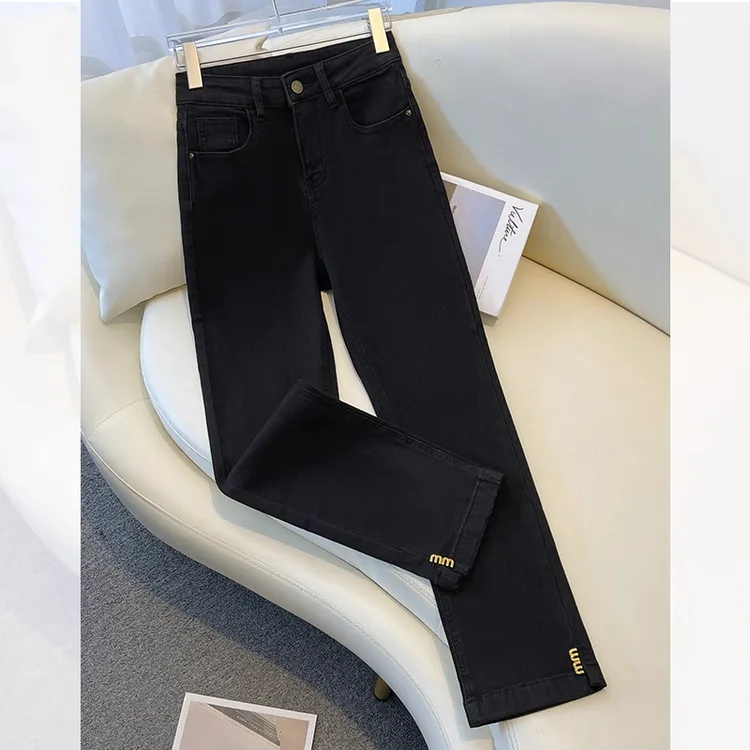 拉夏贝尔黑色烟管牛仔裤秋冬季2025新款高腰加厚九分裤加绒直筒裤