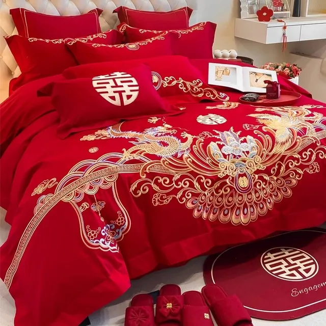 中式龙凤刺绣结婚四件套红色床单被套棉新婚庆床上用品婚房喜被