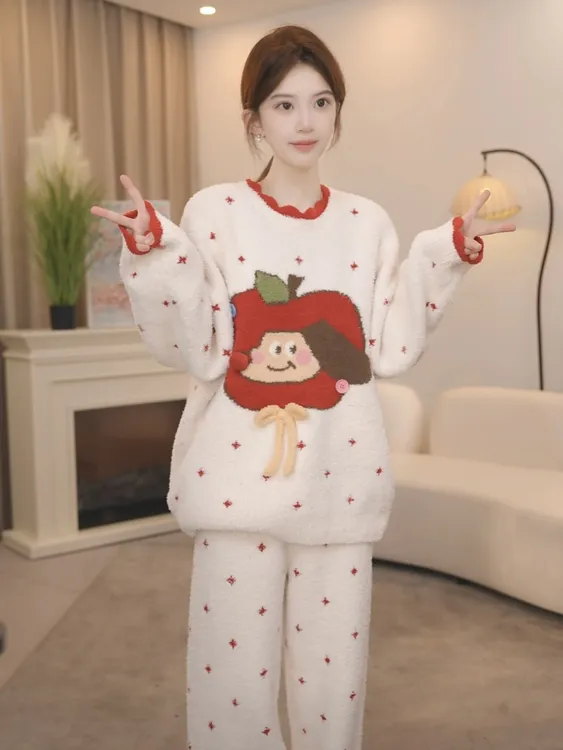 板栗小姐【幸运果】2025冬季长袖甜美软绵绵半边绒睡衣套装可外穿