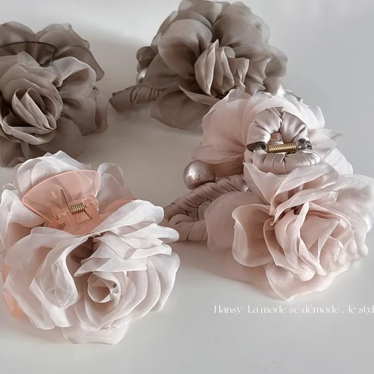 纱感玫瑰花手工抓夹欧根纱花朵发夹甜美百搭盘发鲨鱼夹发饰新款女