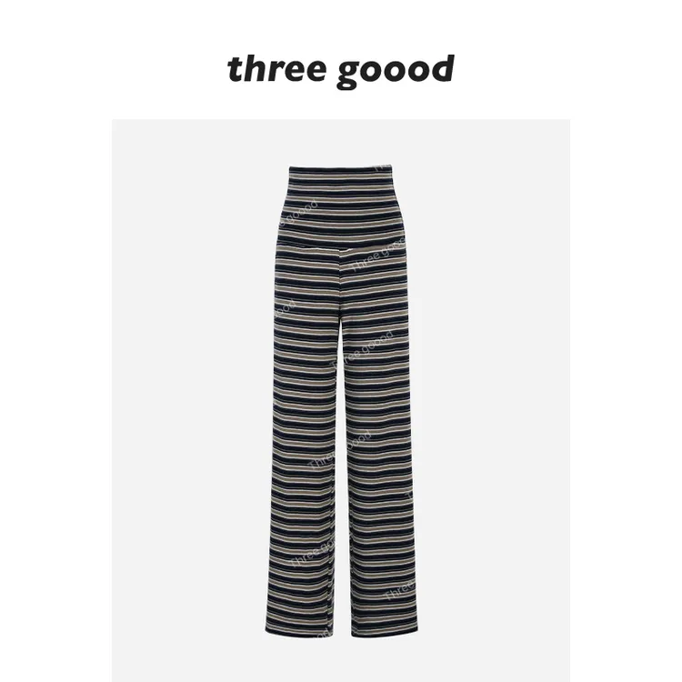 THREE GOOOD/三吉糯叽叽廓形垂坠感腰节堆叠条纹针织裤Y725K17686