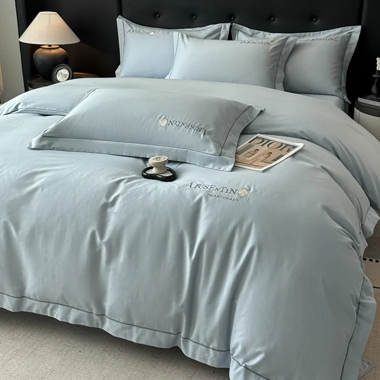 水星秋冬新品A-类纯色长绒棉加厚全棉磨毛四件套刺绣纯棉床上用品