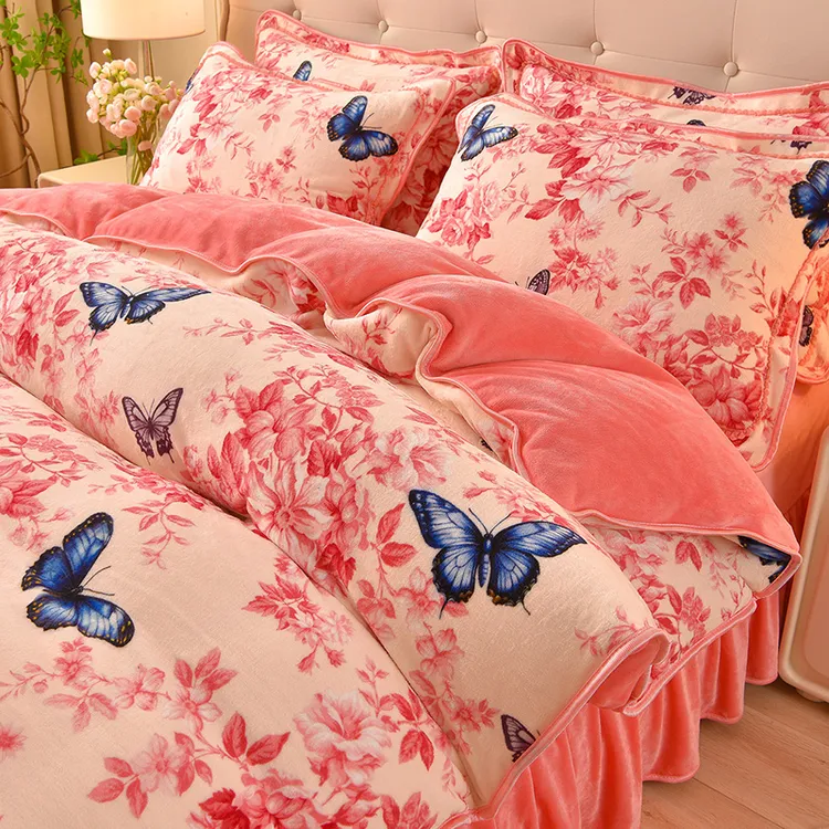 爱哩屋秋冬床裙高克重加厚保暖牛奶绒四件套双面绒活性印染绒被