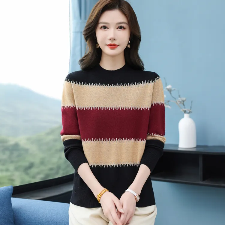 品牌2025秋冬撞色拼接条纹圆领羊毛针织衫百搭洋气通勤减龄打底衫