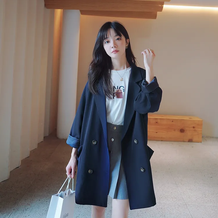 藏青色高级感休闲西装外套女2025春秋新款韩系中长款胖mm洋气西服