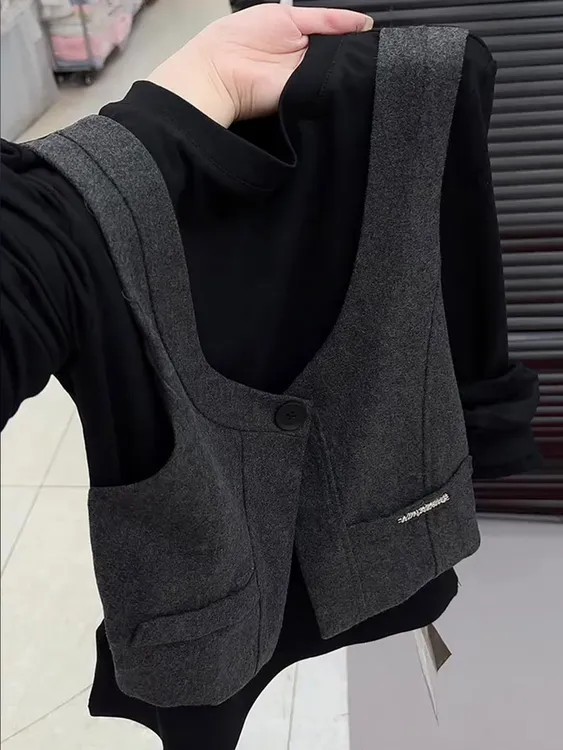 长袖圆领拼色灰色假两件针织衫女2025秋冬宽松舒适通勤超好看小衫