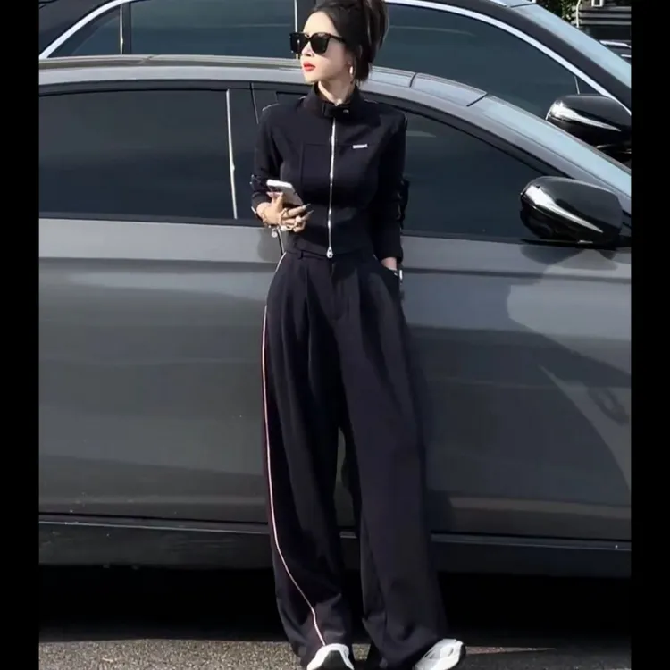 2025春秋新款休闲气质时尚运动套装女装高级感修身立领上衣阔腿裤