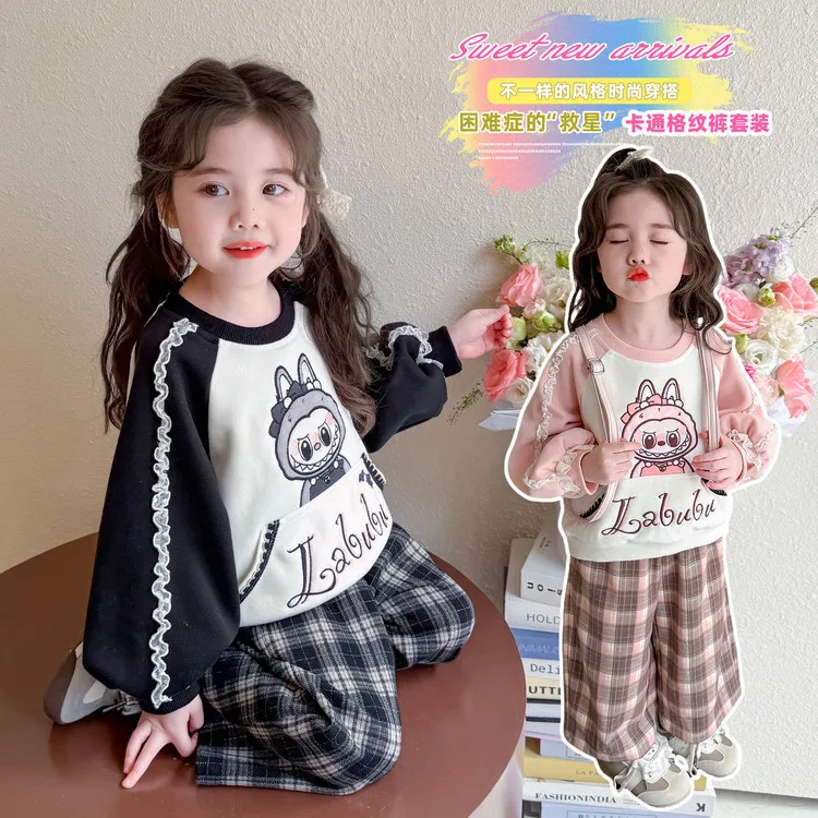 女童秋装休闲套装卡通网红拉布布卫衣宝宝春秋款儿童格子裤两件套