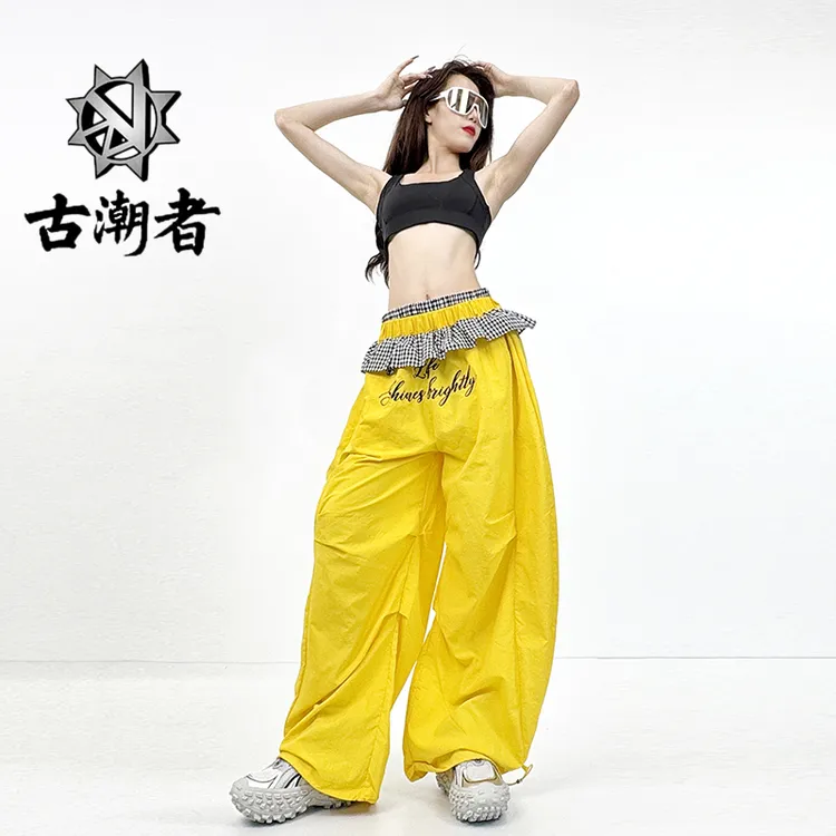 多巴胺ins甜辣妹裙格纹摆假两件休闲裤女高腰宽松阔腿弯刀裤潮牌